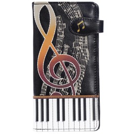 Shag Wear Women's Vegan Leather Slim Trendy Clutch Wallet with 11 Credit Card Slots, Clear ID Window and Zipper Coin Pocket (Black Keyboard Melody)