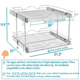 OCG 2 Tier Pull Out Cabinet Organizer (21.5" W x 21" D), Pull Out Drawers for Kitchen Cabinets, Pull Out Shelves for Base Cabinet Organization in Kitchen Bathroom Pantry, Chrome Finish