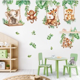 wondever wondever Jungle Animal on Swings Nursery Wall Decals Lion Elephant Giraffe Tropical Leaves Peel and Stick Wall Art Stickers for Baby Kids Bedroom Safari Nursery Decor