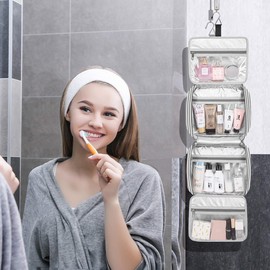 Hanging Toiletry Bag, Large Capacity Waterproof Cosmetic Bag, Makeup Organizer with 4 Compartments and Sturdy Hook for Men and Women, Grey and white stripes