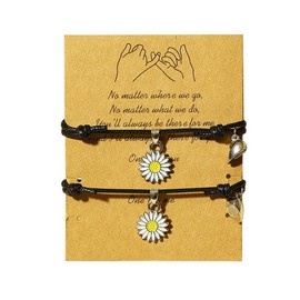 Fuqimanman2020 2pcs Bohemian Daisy Flower Rope Bracelet Set Mutual Attraction Sunflower for Women Relationship Matching Couple Long Distance Pinky Promise Summer Jewelry-Black