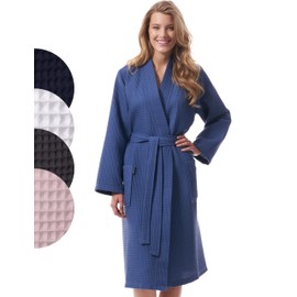 Morgenstern Women's Lightweight Bathrobe, 100% Cotton, Waffle Pique, blue
