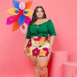 Dmoled Women Plus Size Skirt Two Piece Outfit Short Sleeve Off The Shoulder Crop Top shorts Dress Suit Set