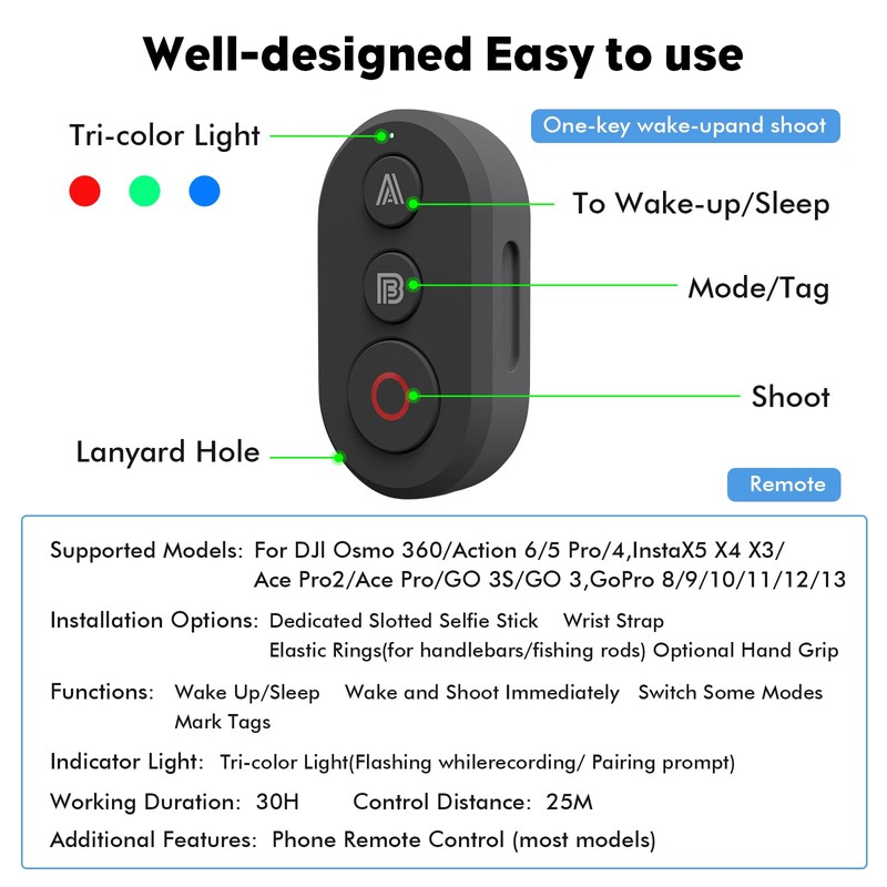 YDW Bluetooth Remote Controller Compatible with DJI Osmo 360/Action 6/5