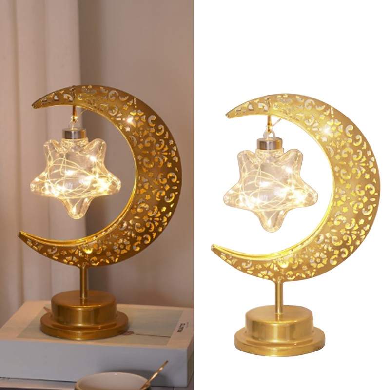 Tabletop Moon Lamp Iron Openwork Pattern LED Hanging Moon Shape