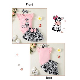 SUNNY PIGGY Baby Girl Clothes 3-6 Month Newborn Dress Summer Infant Outfit Ruffle Short Sleeve Romper Onesie Baby Girl's Clothing Pink Headband Letter Cow Printed Top 3Pcs