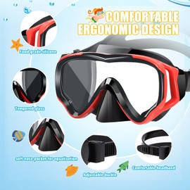 HIKOTEY Children's Snorkel Set, Dry Snorkel Set, Anti-Fog Panorama, Anti-Leak Diving Mask, Dry Snorkel with Waterproof Earplugs, Snorkelling Set for Boys (4-12 Years), Red + Black
