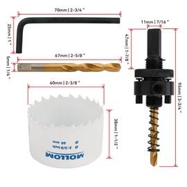Mollom (60mm | 2-3/8") HSS M42 with 8% Cobalt BI-Metal Hole Saw with 2 Pilot Drill Bits & Arbor Smooth Cutting for PVC,Drywall,Wood,Plastic,Gypsum Board,Rubber