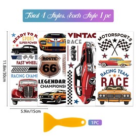GLOBLELAND 4 Sheets Classic Racing Car Elements Decals for Rubbing Retro Car Furniture Decor Decals Racing Logo Decals for Bedroom Living Room Desk Table Decoration