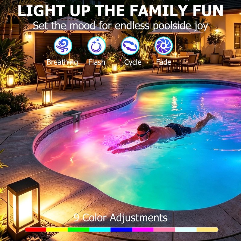 Pool Lights Solar Powered with Temperature Display, Adjustable Length, IP68