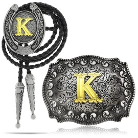 RechicGu 2 Pieces Western Cowboy Belt Buckle Bolo Tie Set Golden Initial Letter ABCJ to Z Rodeo Belt Buckles for Women Men K