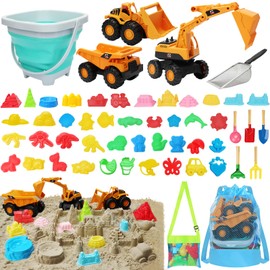 54 Pack Travel Beach Toy Sand Bucket and Shovel for Kid 1 Collapsible Bucket 42 Molds 5 Beach Shovel 1 Shark Tooth Sifter 3 Construction Vehicle 2 Mesh Bags Sand Castle Building Kit for Boys & Girls