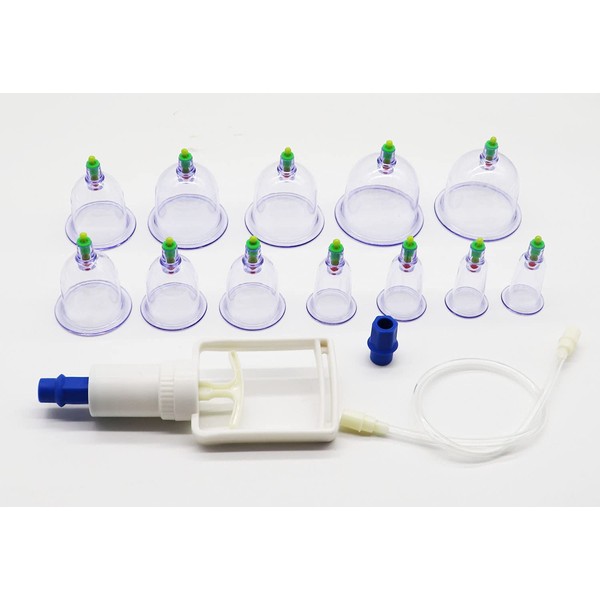 KuTi Kai Professional Vacuum Cupping Therapy - 12 Vacuum Air Suction Cups with Pumping Handle,Chinese Medicine Pistol Equipment with Plastic Suction Cups (12Pcs/Box)