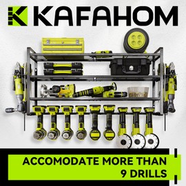 KAFAHOM Power Tool Organizer Wall Mount, 9 Drill Holders for Garage Organization,4 Layer Power Tool Rack,Tool Organizer and Storage with 2 New Accessories, Gifts Idea for Men/Dad/Husband