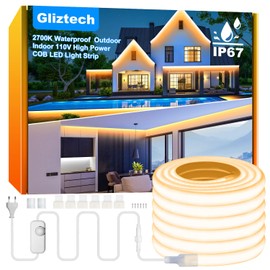 Gliztech IP67 Waterproof COB LED Strip Lights AC 120V Direct Plug, 66FT Super Bright Outdoor Strip Lights with Double Fuse Controller, 2700K Warm White LED Strips for Garden Patio Commercial Decor