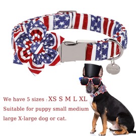 UP URARA PUP Dog Collar with Flower, 4th of July Comfortable Cotton Dog Collar, American Flag Collar for Small Girl Dog, Patriotic Flower Collar with Metal Buckle, S