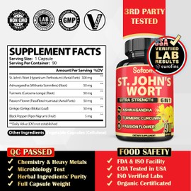 Satoomi St. John's Wort Capsules Extract Supplement - 6 Herbs Equivalent 5050 mg - Emotional Balance, Joyful Mood & Mood Support - 1 Pack 90 Veggie Caps 3-Month Supply