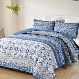 WONGS BEDDING Boho Quilt Set Queen, Blue Bohemian Striped Patchwork Summer Bedspread Coverlet Set with 2 Pillowcases,Lightweight Microfiber Floral Bedding Set 96"×90"