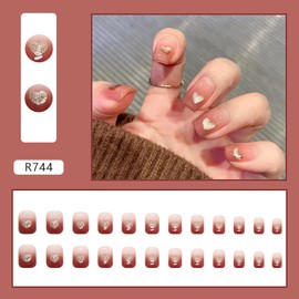 Press on Nails Short Square Length, 24PCS Full Cover Reusable False Nails Kits, Glue on Nails with Heart Designs Artificial Glossy Fingernails Acrylic Fake Nails for Women Stick on Nails Coffin Shape