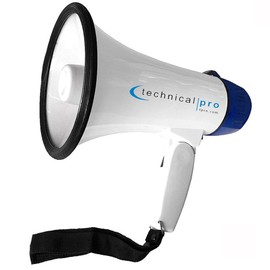 Technical Pro 20 Watts Lightweight Portable 300M Range White and Blue Megaphone Bullhorn with Strap, Siren, and Volume Control, Good for Trainers, Soccer, Football, Baseball, Coaches