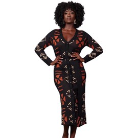 D'IYANU | Aisha Women's African Culture Print Cardigan or Dress | Traditional Ankara Pattern | Natural Mudcloth Kente | Versatile Calf-Length with Contrast Belt | XL