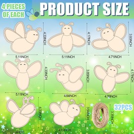 Kolldenn 32 Pcs Firefly Wood Cutouts Ornaments for Crafts Firefly Unfinished Wooden Slices DIY Blank Firefly Crafts Hanging Decor for Kids Painting Crafts Holiday Party Supplies Home School Decoration
