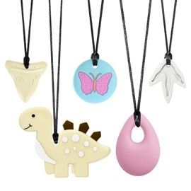 Sensory Chew Necklaces 5-Pack - BPA-Free Teething Necklace Set for Babies & Adults (Dinosaur, Butterfly, Paw Print, Shark Tooth & Teardrop) - Oral Motor Chew Toys for Autism, ADHD & Anxiety Relief