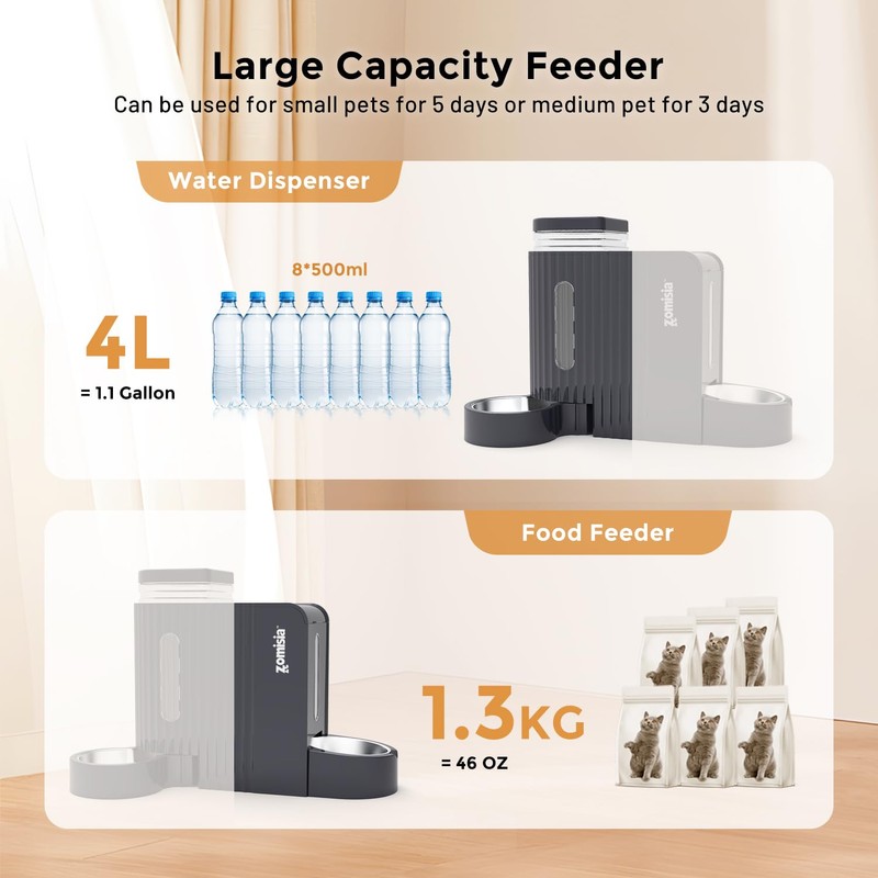 ZOMISIA Gravity Cat Feeder and Water Dispenser with 304 Stainless