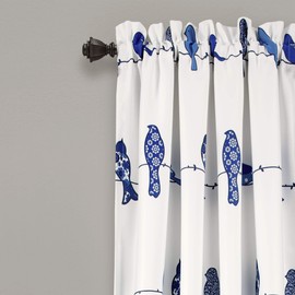 Lush Decor Rowley Birds Light Filtering Window Curtain Panels, Pair, 52" W x 84" L, Navy - Colorful Floral Print - Whimsical & Playful Bird Curtains For Bedroom, Living Room, Or Dining Room