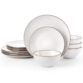 Famiware Eden Embossed Plates and Bowls Sets, Stoneware Dinnerware with Gold Trim, 12-Piece Luxury Dishes for 4, Everyday & Formal Use, Chip/Scratch Resistant, Microwave/Dishwasher Safe, White Circle