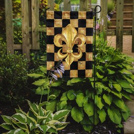 Caroline's Treasures 8197GF Black Gold Checkered Flag Fleur de lis Garden Flag Mailbox Flag Decorative Yard Flag Banner Outside Patio Artwork Yard Flower Beds, Garden Size, Multicolor