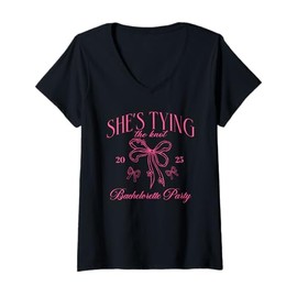 Womens She's Tying The Knot Bridal Shower Bachelorette Party 2025 V-Neck T-Shirt
