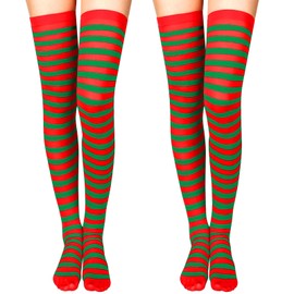 SATINIOR 2 Pairs Women Socks Women Long Opaque Striped Socks(Red and Green,Thigh High,Classic Style)