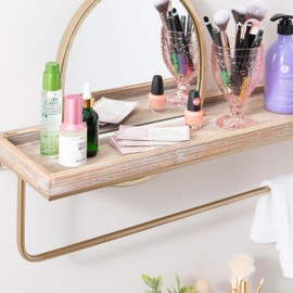 Linon Gourli Modern Farmhouse Gold Metal and Wooden Wall Shelf with Mirror