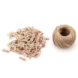 Walfront 250 unids Mini Pinzas de Pinza para Pinzas de Pinza de Papel para Arte de Madera con 1 Rodillo de 50 Metros de Yute Twine, decoración navideña Pinzas para Ropa