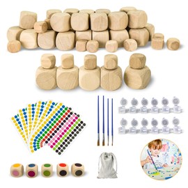 Annickee Pack of 50 Blank Wooden Dice, DIY Dice, Blank Decision Cube with Colourful Polka Dot Stickers and Brush, Wooden Dice with Round Corners, for Painting, Sculpture, DIY Game Props 20 mm