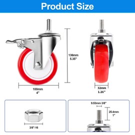 Fixhando Stainless Steel Caster Wheels 4 inch, 3/8"-16x1 Threaded Stem Swivel Casters Set of 4, Non-Marking Silent Polyurethane PU Wheels for Furnitures,Restaurants,Labs,Hospital
