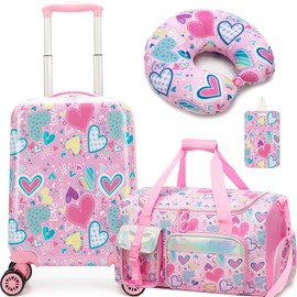 Inprof 3-Piece Luggage Set: 16'' Hardside Spinner Wheels Kids Carry On Suitcase, Duffle Bag, Neck Pillow & Free Luggage Tag - Pink, Mermaid Pattern