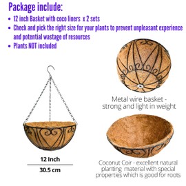 LaLaGreen Hanging Baskets for Plants (2 Pack, 12 Inch) Hanging Flower Pots with Coco Liner, Black Metal Wire Round Basket Plant Holder with Hanger Hook Chain, Outdoor Patio Deck Balcony Garden Décor
