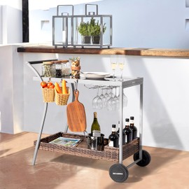 NUU GARDEN Outdoor Bar Table with Rolling Wheels, Outdoor Bar Cart Patio Wicker Bar Counter Table with 2 Steel Shelves and 2 Sets of Rails, Ideal for Garden, Backyard and Pool Side, Gray