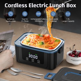 MooManGoo Cordless Electric Lunch Box for Adults, 1.4L Heated Lunch Box 18000mAh Battery Powered with Ice Crystal Box, Self Heating LunchBox Rechargeable for Car/Truck/Office/Travel (1.4L-cordless)