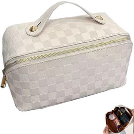 lomkya Checkered Makeup Bag Large Cosmetic Bag PU Leather Makeup Bag Storage For Women Girls Travel Toiletry Bag With Handle Divider Large Opening Metal Zipper Cosmetic Organizer (checkered white)