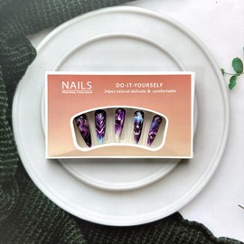 Long Stiletto Press on Nails Chinese Dragon Cool Flame Design False Nails Glossy Full Cover Purple Black Stick on Nails Long Almond Fake Nails Goth Artificial Stick on Nails for Women Nail Art