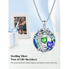 TOUPOP s925 Sterling Silver Family Tree of Life Pendant Necklaces with 2 Heart Birthstone with Crystal Jewellery Birthday Christmas Gifts for Women Her, Sterling Silver, Cubic Zirconia