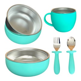 Toddler Dinnerware Set (8 Pieces) - 4 Bowls, 2 Cups, 1 Spoon and 1 Fork | BPA Free, 304 Stainless Steel with Food-Grade Silicone Sleeves | Kids Feeding Set | Toddler Bowl Set (Mint Green)