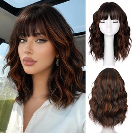 Short Wavy Wig with Bangs for Women Shoulder Length Brown HIghlight Hair