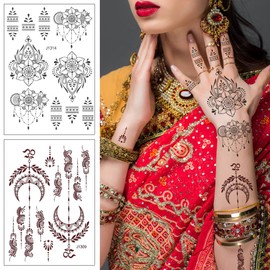 Xmasir 12 Sheets Henna Tattoo Kit, Waterproof Tattoo Stickers for Women Wedding Party Temporary Henna Sticker (Black+ Brown-12P)