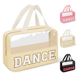 Dance Bag for Girls Chenille Letter Clear Makeup DANCE Stuff Bag,Toddler Dance Recital Gifts Ballet Cosmetic Zipper Pouch with Handle,Dance Competition Accessories Toiletry Storage Bag(DANCE-Beige)