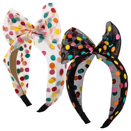 Framendino, 2 Pack Colorful Polka Dot Headband Bowknot Mesh Tulle Hairbands Wide Top Knot Hair Hoop Big Bow Hair Band for Women (Black, White)