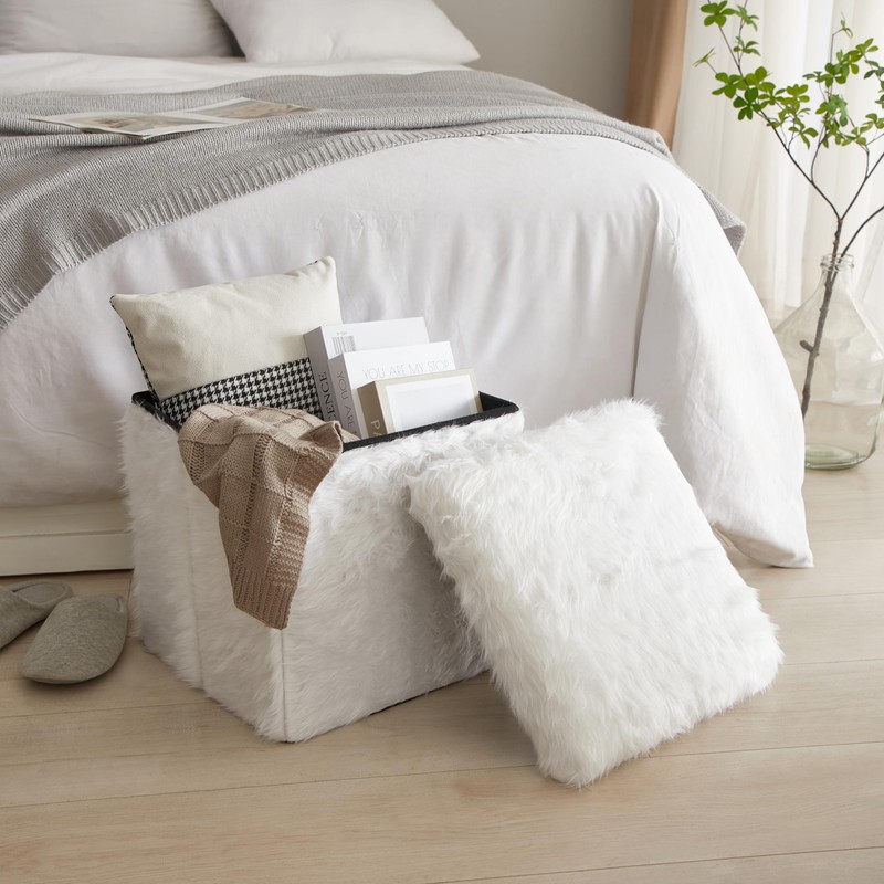 Urban Lifestyle White Mongolian Fur Collapsible Storage Ottoman with Lid,